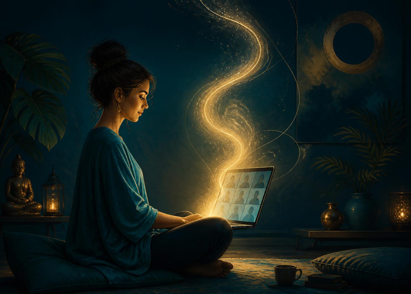 Evinde dizüstü bilgisayarıyla online workshop'a katılan bir kadın